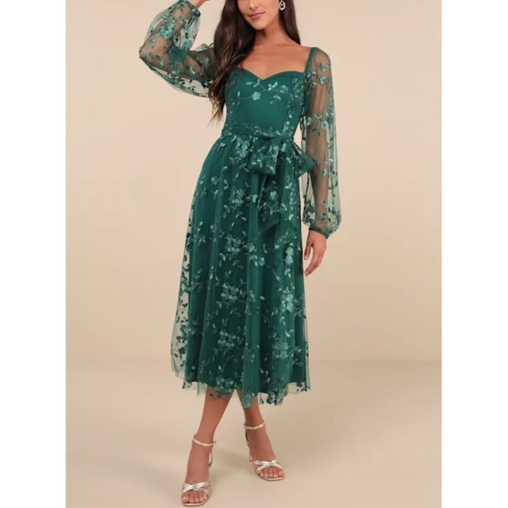 Lulus Darling‎ Charisma Emerald Mesh Embroidered Midi Dress Size Small NWT